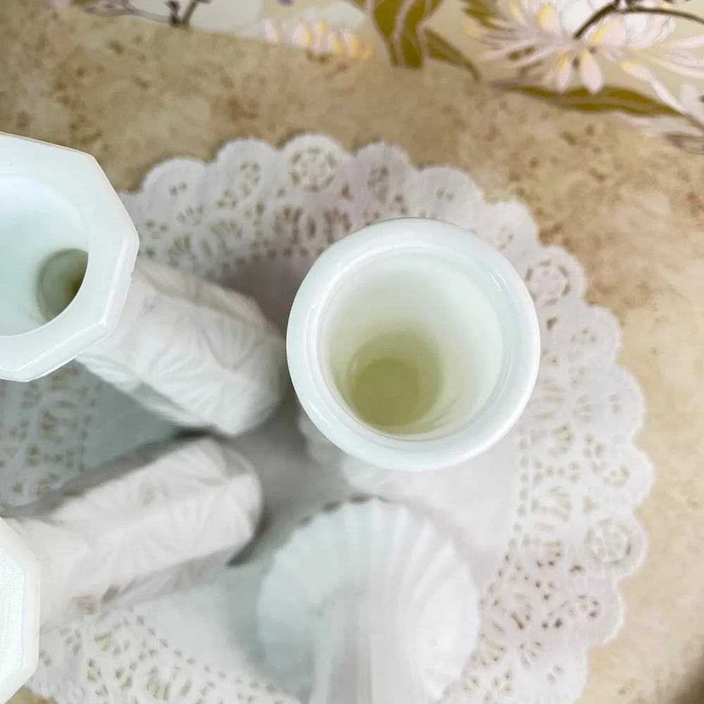 Hoosier Glass Bud Vases Set of 4 Vintage Milk Glass White Geometric Swirl